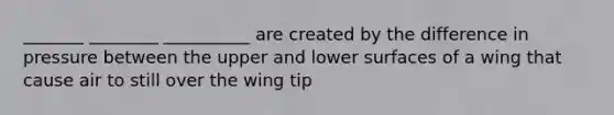 _______ ________ __________ are created by the difference in pressure between the upper and lower surfaces of a wing that cause air to still over the wing tip