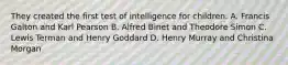 They created the first test of intelligence for children. A. Francis Galton and Karl Pearson B. Alfred Binet and Theodore Simon C. Lewis Terman and Henry Goddard D. Henry Murray and Christina Morgan