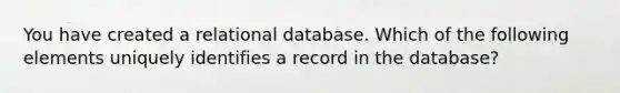 You have created a relational database. Which of the following elements uniquely identifies a record in the database?