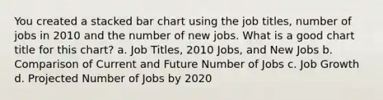 You created a stacked bar chart using the job titles, number of jobs in 2010 and the number of new jobs. What is a good chart title for this chart? a. Job Titles, 2010 Jobs, and New Jobs b. Comparison of Current and Future Number of Jobs c. Job Growth d. Projected Number of Jobs by 2020