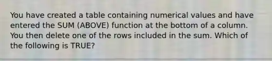 You have created a table containing numerical values and have entered the SUM (ABOVE) function at the bottom of a column. You then delete one of the rows included in the sum. Which of the following is TRUE?