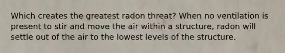 Which creates the greatest radon threat? When no ventilation is present to stir and move the air within a structure, radon will settle out of the air to the lowest levels of the structure.