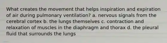 What creates the movement that helps inspiration and expiration of air during pulmonary ventilation? a. nervous signals from the cerebral cortex b. the lungs themselves c. contraction and relaxation of muscles in the diaphragm and thorax d. the pleural fluid that surrounds the lungs