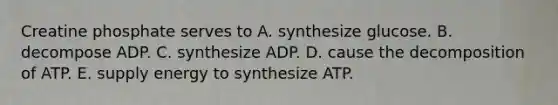 Creatine phosphate serves to A. synthesize glucose. B. decompose ADP. C. synthesize ADP. D. cause the decomposition of ATP. E. supply energy to synthesize ATP.