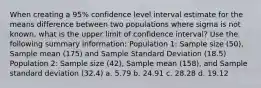 When creating a 95% confidence level interval estimate for the means difference between two populations where sigma is not known, what is the upper limit of confidence interval? Use the following summary information: Population 1: Sample size (50), Sample mean (175) and Sample Standard Deviation (18.5) Population 2: Sample size (42), Sample mean (158), and Sample standard deviation (32.4) a. 5.79 b. 24.91 c. 28.28 d. 19.12