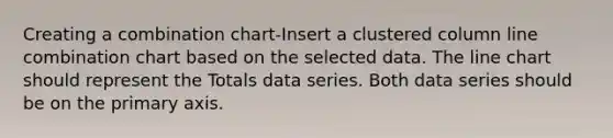 Creating a combination chart-Insert a clustered column line combination chart based on the selected data. The line chart should represent the Totals data series. Both data series should be on the primary axis.