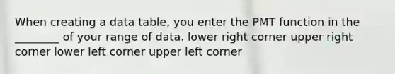 When creating a data table, you enter the PMT function in the ________ of your range of data. lower right corner upper right corner lower left corner upper left corner