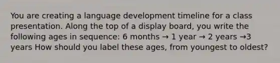 You are creating a language development timeline for a class presentation. Along the top of a display board, you write the following ages in sequence: 6 months → 1 year → 2 years →3 years How should you label these ages, from youngest to oldest?