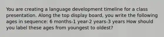 You are creating a language development timeline for a class presentation. Along the top display board, you write the following ages in sequence: 6 months-1 year-2 years-3 years How should you label these ages from youngest to oldest?