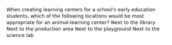 When creating learning centers for a school's early education students, which of the following locations would be most appropriate for an animal-learning center? Next to the library Next to the production area Next to the playground Next to the science lab