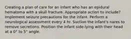 Creating a plan of care for an infant who has an epidural hematoma with a skull fracture. Appropriate action to include? Implement seizure precautions for the infant. Perform a neurological assessment every 4 hr. Suction the infant's nares to remove secretions. Position the infant side-lying with their head at a 0° to 5° angle.