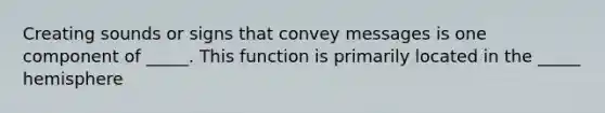 Creating sounds or signs that convey messages is one component of _____. This function is primarily located in the _____ hemisphere