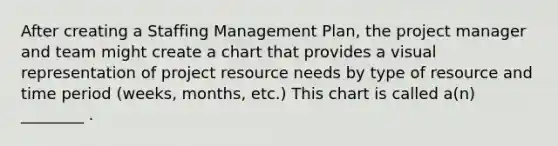 After creating a Staffing Management Plan, the project manager and team might create a chart that provides a visual representation of project resource needs by type of resource and time period (weeks, months, etc.) This chart is called a(n) ________ .