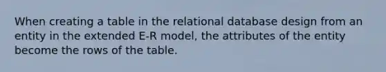 When creating a table in the relational database design from an entity in the extended E-R model, the attributes of the entity become the rows of the table.