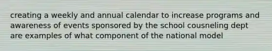 creating a weekly and annual calendar to increase programs and awareness of events sponsored by the school cousneling dept are examples of what component of the national model