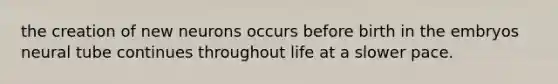 the creation of new neurons occurs before birth in the embryos neural tube continues throughout life at a slower pace.