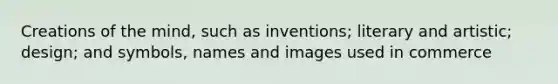 Creations of the mind, such as inventions; literary and artistic; design; and symbols, names and images used in commerce