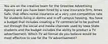 You are on the creative team for the Greenlee Advertising Agency and you have been hired by a new insurance firm, Ames Safe, that offers rental insurance at a very cost-competitive rate for students living in dorms and in off campus housing. You have a budget that includes creating a TV commercial to be pushed out through the social and media channels used by Iowa State students and the budget includes the ability to product a TV advertisement. Which TV ad format do you believe would be most effective to use for the TV advertisement?