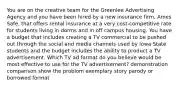 You are on the creative team for the Greenlee Advertising Agency and you have been hired by a new insurance firm, Ames Safe, that offers rental insurance at a very cost-competitive rate for students living in dorms and in off campus housing. You have a budget that includes creating a TV commercial to be pushed out through the social and media channels used by Iowa State students and the budget includes the ability to product a TV advertisement. Which TV ad format do you believe would be most effective to use for the TV advertisement? demonstration comparison show the problom exemplary story parody or borrowed format