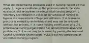 What are credentialing processes used in nursing? Select all that apply. 1. Legal accreditation is the process in which the state evaluates and recognizes an educational nursing program. 2. Voluntary accreditation is available for schools of nursing to bypass the requirement of legal accreditation. 3. A license to practice is earned by an individual and may not be revoked without due process. 4. A nurse holding certification by a U.S. professional nursing organization has demonstrated advanced proficiency. 5. A nurse may be licensed by passing the National Council Licensure Examination (NCLEX) but not completing an accredited nursing program