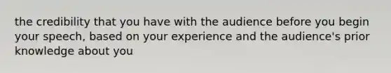 the credibility that you have with the audience before you begin your speech, based on your experience and the audience's prior knowledge about you