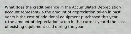 What does the credit balance in the Accumulated Depreciation account represent? a.the amount of depreciation taken in past years b.the cost of additional equipment purchased this year c.the amount of depreciation taken in the current year d.the cost of existing equipment sold during the year