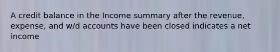 A credit balance in the Income summary after the revenue, expense, and w/d accounts have been closed indicates a net income