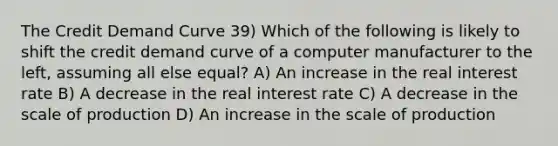 The Credit Demand Curve 39) Which of the following is likely to shift the credit demand curve of a computer manufacturer to the left, assuming all else equal? A) An increase in the real interest rate B) A decrease in the real interest rate C) A decrease in the scale of production D) An increase in the scale of production