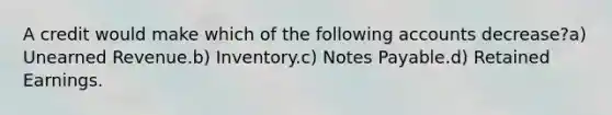 A credit would make which of the following accounts decrease?a) Unearned Revenue.b) Inventory.c) Notes Payable.d) Retained Earnings.