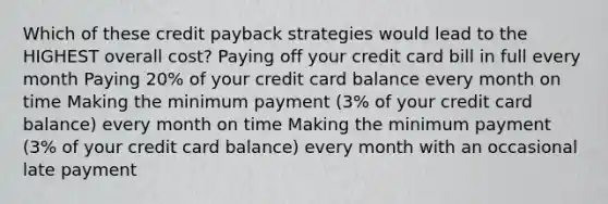 Which of these credit payback strategies would lead to the HIGHEST overall cost? Paying off your credit card bill in full every month Paying 20% of your credit card balance every month on time Making the minimum payment (3% of your credit card balance) every month on time Making the minimum payment (3% of your credit card balance) every month with an occasional late payment