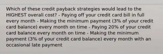 Which of these credit payback strategies would lead to the HIGHEST overall cost? - Paying off your credit card bill in full every month - Making the minimum payment (3% of your credit card balance) every month on time - Paying 20% of your credit card balance every month on time - Making the minimum payment (3% of your credit card balance) every month with an occasional late payment