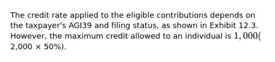 The credit rate applied to the eligible contributions depends on the taxpayer's AGI39 and filing status, as shown in Exhibit 12.3. However, the maximum credit allowed to an individual is 1,000 (2,000 × 50%).