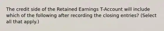 The credit side of the Retained Earnings T-Account will include which of the following after recording the <a href='https://www.questionai.com/knowledge/kosjhwC4Ps-closing-entries' class='anchor-knowledge'>closing entries</a>? (Select all that apply.)