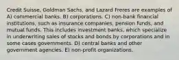 Credit Suisse, Goldman Sachs, and Lazard Freres are examples of A) commercial banks. B) corporations. C) non-bank financial institutions, such as insurance companies, pension funds, and mutual funds. This includes investment banks, which specialize in underwriting sales of stocks and bonds by corporations and in some cases governments. D) central banks and other government agencies. E) non-profit organizations.