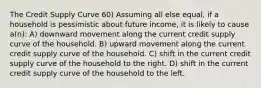 The Credit Supply Curve 60) Assuming all else equal, if a household is pessimistic about future income, it is likely to cause a(n): A) downward movement along the current credit supply curve of the household. B) upward movement along the current credit supply curve of the household. C) shift in the current credit supply curve of the household to the right. D) shift in the current credit supply curve of the household to the left.