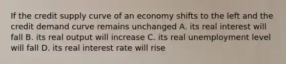 If the credit supply curve of an economy shifts to the left and the credit demand curve remains unchanged A. its real interest will fall B. its real output will increase C. its real unemployment level will fall D. its real interest rate will rise