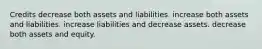 Credits decrease both assets and liabilities. increase both assets and liabilities. increase liabilities and decrease assets. decrease both assets and equity.