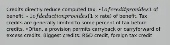 Credits directly reduce computed tax. •1 of credit provides1 of benefit. - 1 of deduction provides (1 × rate) of benefit. Tax credits are generally limited to some percent of tax before credits. •Often, a provision permits carryback or carryforward of excess credits. Biggest credits: R&D credit, foreign tax credit