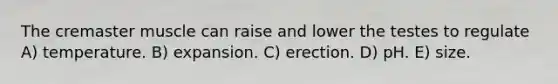 The cremaster muscle can raise and lower the testes to regulate A) temperature. B) expansion. C) erection. D) pH. E) size.