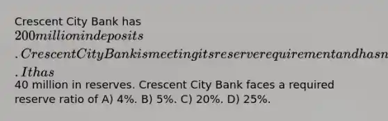 Crescent City Bank has 200 million in deposits. Crescent City Bank is meeting its reserve requirement and has no excess reserves. It has40 million in reserves. Crescent City Bank faces a required reserve ratio of A) 4%. B) 5%. C) 20%. D) 25%.