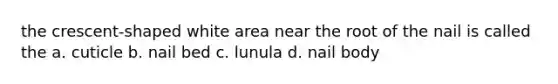 the crescent-shaped white area near the root of the nail is called the a. cuticle b. nail bed c. lunula d. nail body
