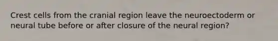 Crest cells from the cranial region leave the neuroectoderm or neural tube before or after closure of the neural region?