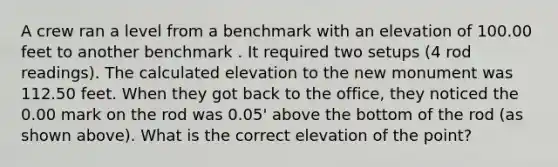 A crew ran a level from a benchmark with an elevation of 100.00 feet to another benchmark . It required two setups (4 rod readings). The calculated elevation to the new monument was 112.50 feet. When they got back to the office, they noticed the 0.00 mark on the rod was 0.05' above the bottom of the rod (as shown above). What is the correct elevation of the point?