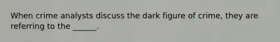 When crime analysts discuss the dark figure of crime, they are referring to the ______.