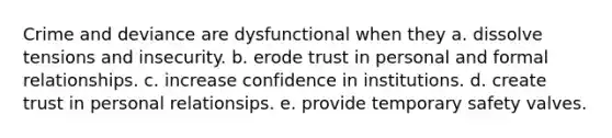 Crime and deviance are dysfunctional when they a. dissolve tensions and insecurity. b. erode trust in personal and formal relationships. c. increase confidence in institutions. d. create trust in personal relationsips. e. provide temporary safety valves.