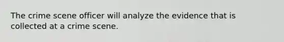 The crime scene officer will analyze the evidence that is collected at a crime scene.