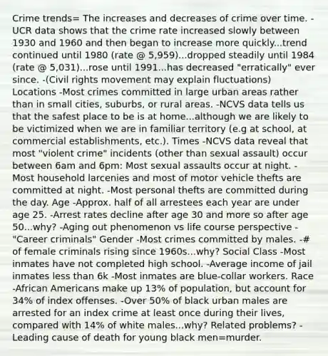 Crime trends= The increases and decreases of crime over time. -UCR data shows that the crime rate increased slowly between 1930 and 1960 and then began to increase more quickly...trend continued until 1980 (rate @ 5,959)...dropped steadily until 1984 (rate @ 5,031)...rose until 1991...has decreased "erratically" ever since. -(Civil rights movement may explain fluctuations) Locations -Most crimes committed in large urban areas rather than in small cities, suburbs, or rural areas. -NCVS data tells us that the safest place to be is at home...although we are likely to be victimized when we are in familiar territory (e.g at school, at commercial establishments, etc.). Times -NCVS data reveal that most "violent crime" incidents (other than sexual assault) occur between 6am and 6pm: Most sexual assaults occur at night. -Most household larcenies and most of motor vehicle thefts are committed at night. -Most personal thefts are committed during the day. Age -Approx. half of all arrestees each year are under age 25. -Arrest rates decline after age 30 and more so after age 50...why? -Aging out phenomenon vs life course perspective -"Career criminals" Gender -Most crimes committed by males. -# of female criminals rising since 1960s...why? Social Class -Most inmates have not completed high school. -Average income of jail inmates less than 6k -Most inmates are blue-collar workers. Race -African Americans make up 13% of population, but account for 34% of index offenses. -Over 50% of black urban males are arrested for an index crime at least once during their lives, compared with 14% of white males...why? Related problems? -Leading cause of death for young black men=murder.