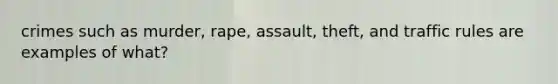 crimes such as murder, rape, assault, theft, and traffic rules are examples of what?