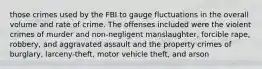 those crimes used by the FBI to gauge fluctuations in the overall volume and rate of crime. The offenses included were the violent crimes of murder and non-negligent manslaughter, forcible rape, robbery, and aggravated assault and the property crimes of burglary, larceny-theft, motor vehicle theft, and arson