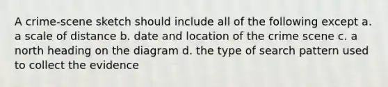 A crime-scene sketch should include all of the following except a. a scale of distance b. date and location of the crime scene c. a north heading on the diagram d. the type of search pattern used to collect the evidence
